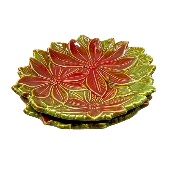 2 Vintage | Flower Shaped | Pottery Serving Dish | Red With Green Leaves. 11” - Picture 1 of 5
